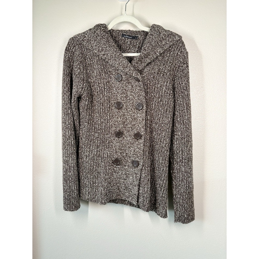 Women's  Large EFFECI Sweater Brown /White Knit Hooded Double Buttons